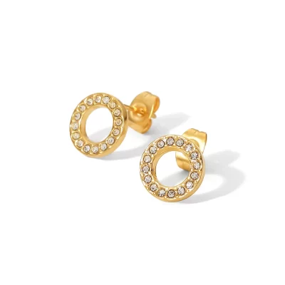 18K Gold Plated Stainless Steel Jewelry Charm Hollow White Circle Cubic Zirconia Stud Earrings