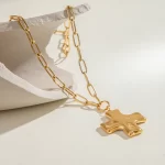 J&D 18k Gold Stainless Steel Jewelry Hammered Cross Pendant Necklace With Adjustable Ring Pearl Beads Chain Type Gold Plated