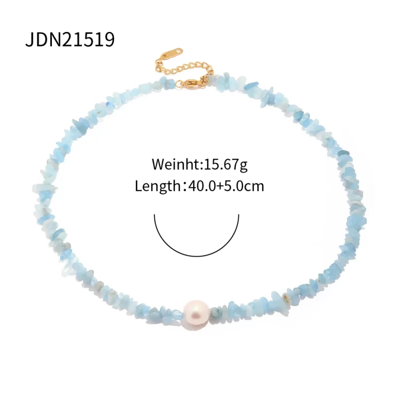Youthway Ocean Blue Stone Pearl Stainless Steel Necklace Metal Texture Waterproof Trendy Simple Jewelry for Women - Image 6