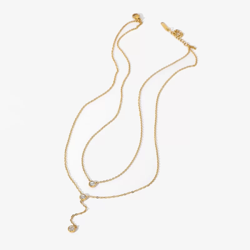 18K Gold Stainless Steel Y Shaped Dainty Chain Double Layer Shiny Cubic Zirconia Lariat Necklaces - Image 4