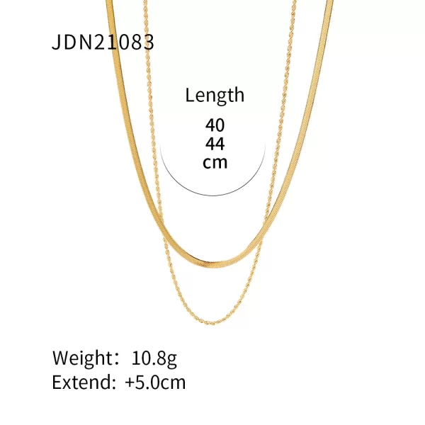 J&D Jewelry Waterproof 18K PVD Gold Plating Also Silver Colorway Two Layers Rope Flat Snake Chain Necklace - Image 6