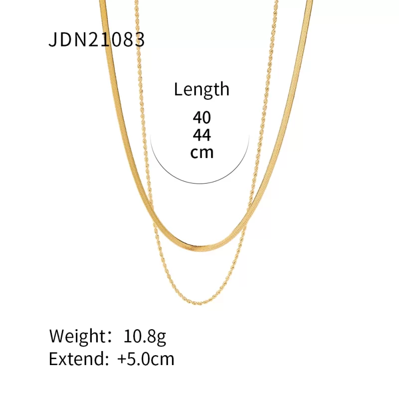 J&D Jewelry Waterproof 18K PVD Gold Plating Also Silver Colorway Two Layers Rope Flat Snake Chain Necklace - Image 6