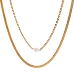 J&D Women 18K Gold Plated Stainless Steel Snake Bone Double Layer Chain Trendy Pearl Link Necklace