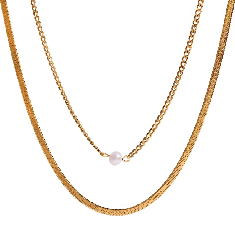 J&D Women 18K Gold Plated Stainless Steel Snake Bone Double Layer Chain Trendy Pearl Link Necklace