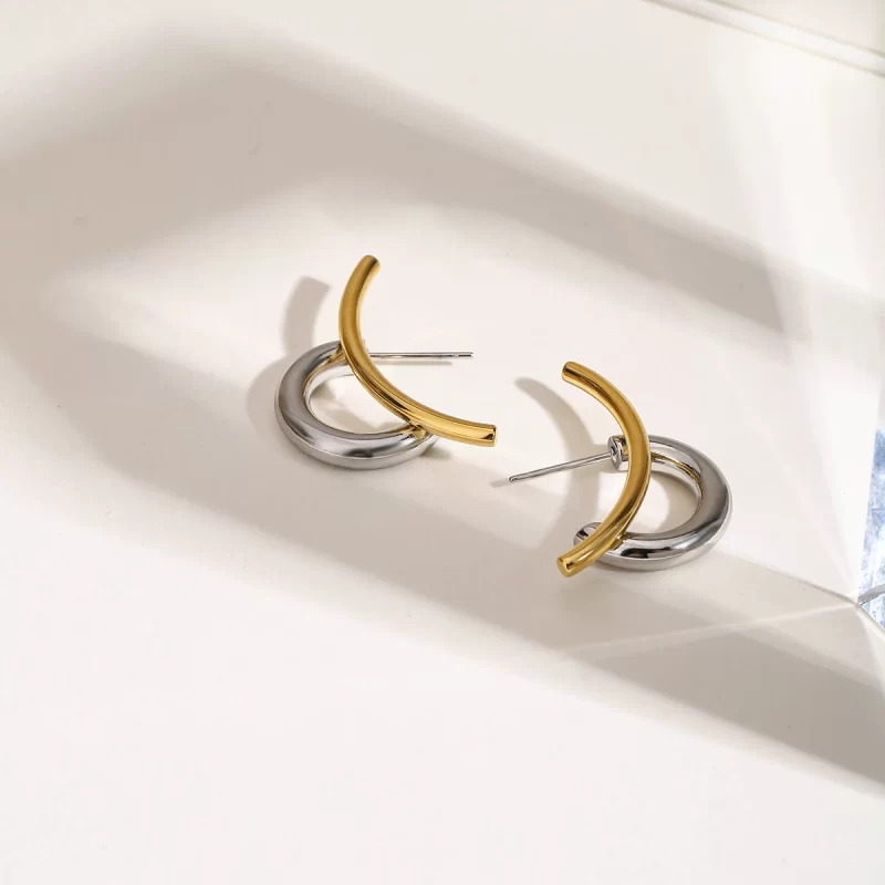Fashion Modern Minimalist 18K Gold Plated Waterproof Stainless Steel Stud Earrings Two Tone Geometric Liner Design - Image 4