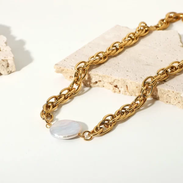 New 18k Gold Plated Stainless Steel Pearl Choker Fashion Rope Chain Freshwater Pearl Necklace - Image 3