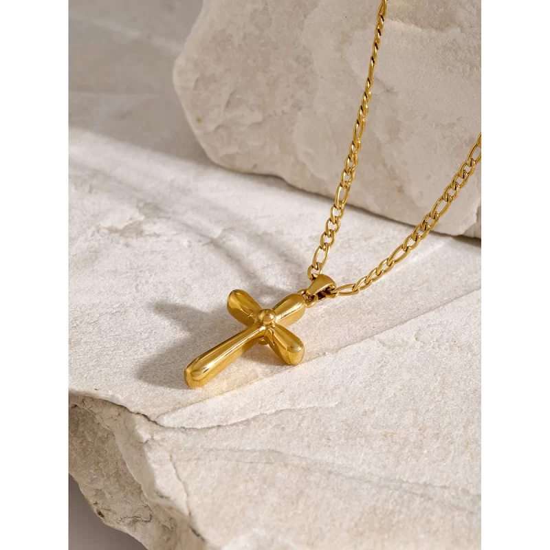 J&D 18K Gold Plated Stainless Steel Cross Necklace 50+5cm Snake Chain with Pearl Trendy Geometric Style for Gift - Image 5