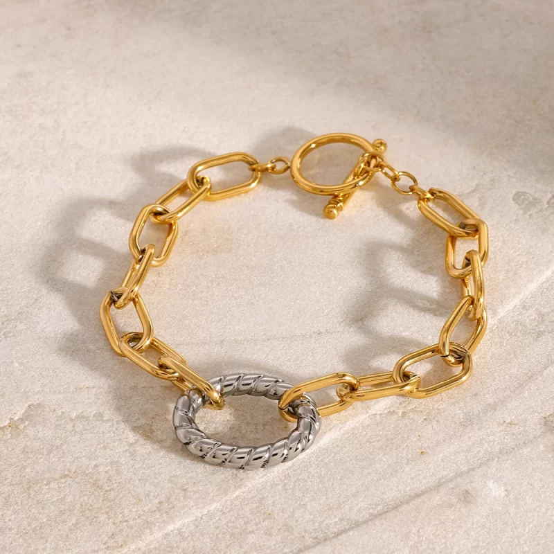 18k Gold Stainless Steel Gold and Silver Twisted Oval Pendant Interlocking Circle Bracelets - Image 2