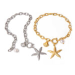 Waterproof Stainless Steel 18K Gold Plated Starfish Bracelet Ocean Shell Pearl Texture Seashell Chain Bracelet