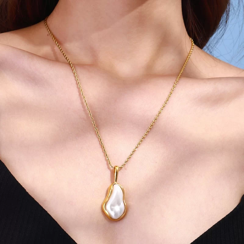 J&D Vintage Style 18K Gold Stainless Steel Stud Necklace with Imitation Pearl Pendant Fashionable Accessory - Image 3