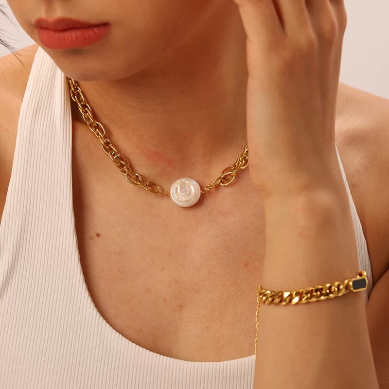 New 18k Gold Plated Stainless Steel Pearl Choker Fashion Rope Chain Freshwater Pearl Necklace - Image 2