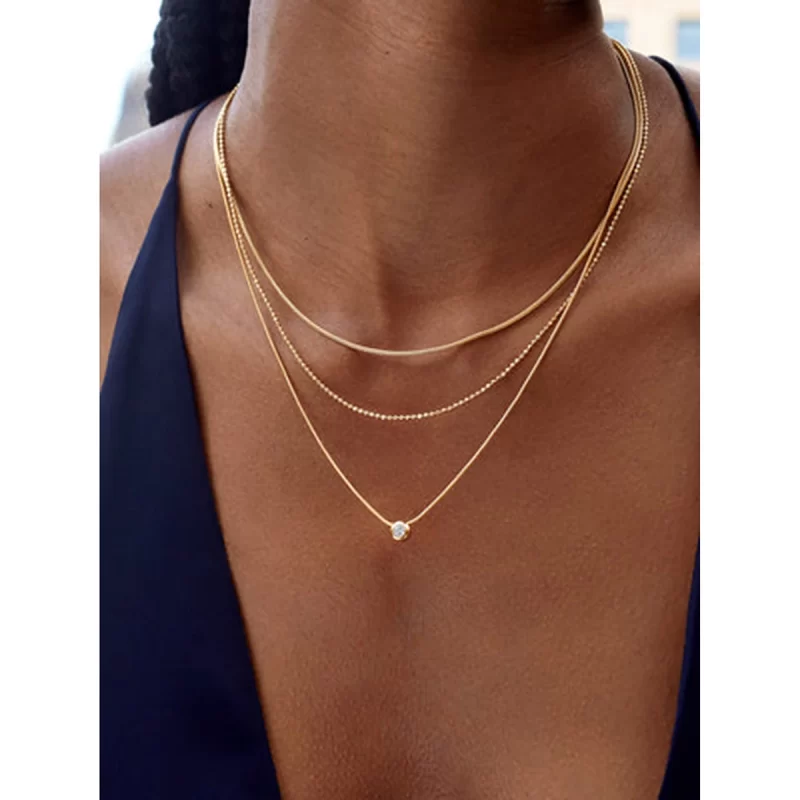 J&D 18K Gold Plated Stainless Steel Three-layer Necklace with a Round White Cubic Zirconia Pendant, 35/40/45+5cm - Image 3