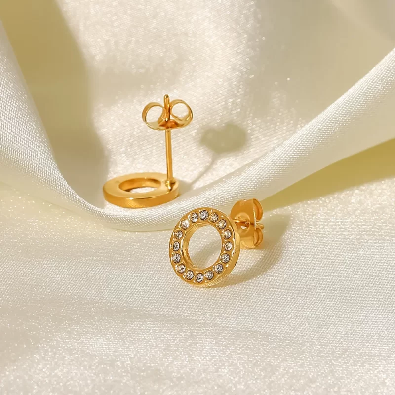 18K Gold Plated Stainless Steel Jewelry Charm Hollow White Circle Cubic Zirconia Stud Earrings - Image 3
