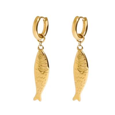 18K Gold Plated Stainless Steel Hoop Earrings Ocean Fish Drop Design Waterproof Geometric Pattern for Holiday Beach