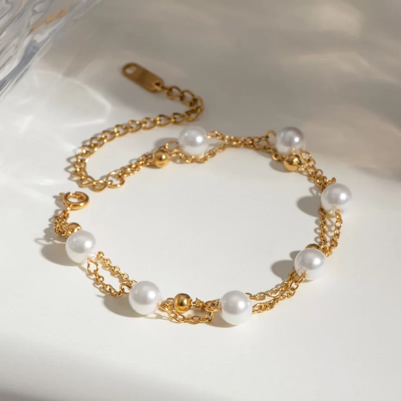 18k Gold Stainless Steel Pearl Double Layer Stainless Steel Bead Bracelet Adjustable - Image 3