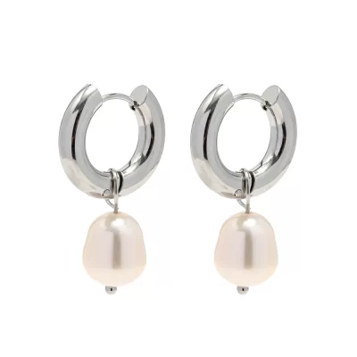 New Trend Geometric Stainless Steel CC Shape Pearl Hoop Earrings Geometric Pearl Hoop Earring for Women