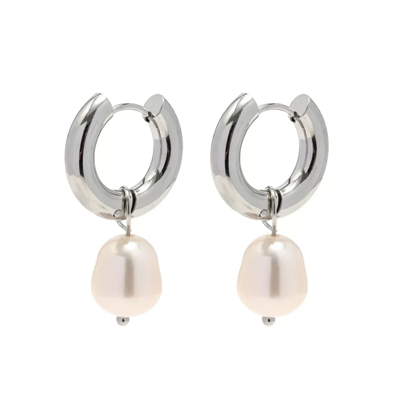 New Trend Geometric Stainless Steel CC Shape Pearl Hoop Earrings Geometric Pearl Hoop Earring for Women