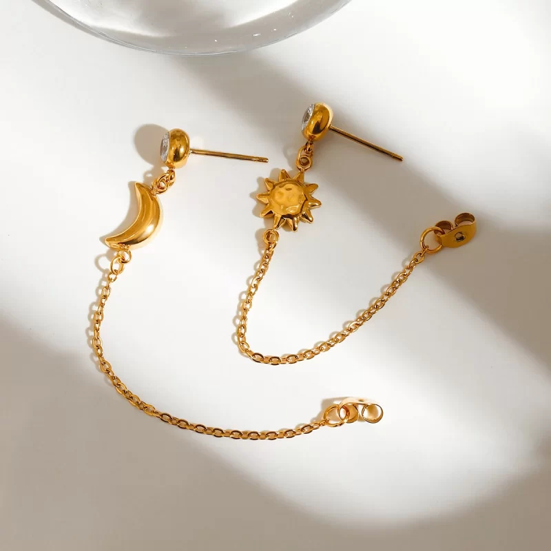 Unique 18K Gold Stainless Steel Star & Moon Earrings with White Zircon for Women AB Style Pair - Image 4