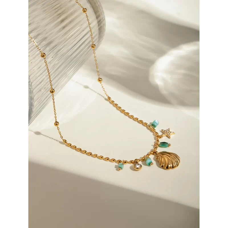 J&D 18K Gold Plated Stainless Steel Crystal Amazonite Shell Star Crystal Inlaid Blue Pendant Necklace, 40+5cm - Image 4