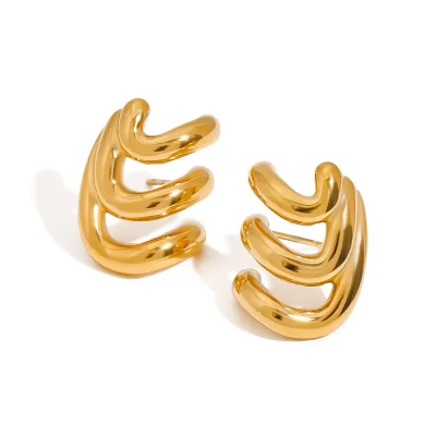 Ladies Modern Minimalist 18K Gold Stainless Steel Irregular Three-Layer Wave Earrings