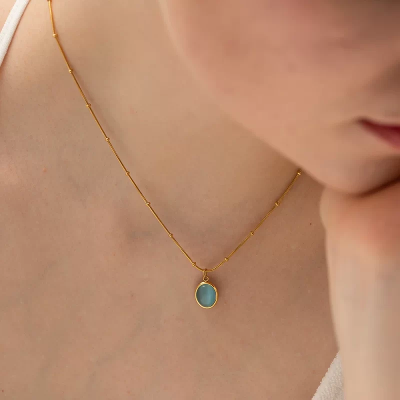 Charm 18K Gold Plated Stainless Steel Jewelry Gift Bead Chain Blue Cubic Zirconia Oval Pendant Necklace - Image 3