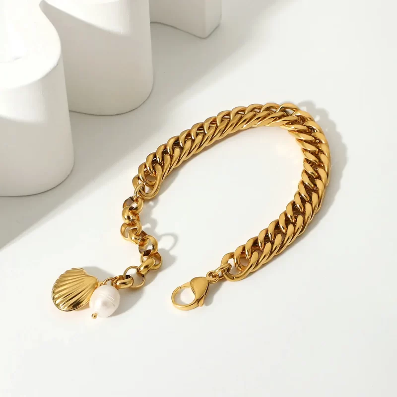 18K Gold Plated Stainless Steel Shell Freshwater Pearl Bracelets For Women Men Double Cuban Chain Chunky Bracelets Party Jewelry - Image 3