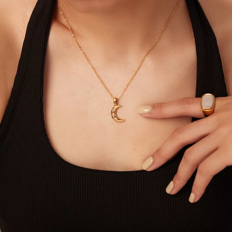 Retro Style Stainless Steel 18K Gold Plated Female Jewelry Gift Three Tiny Zircon Inlaid Moon Pendant Necklace - Image 3