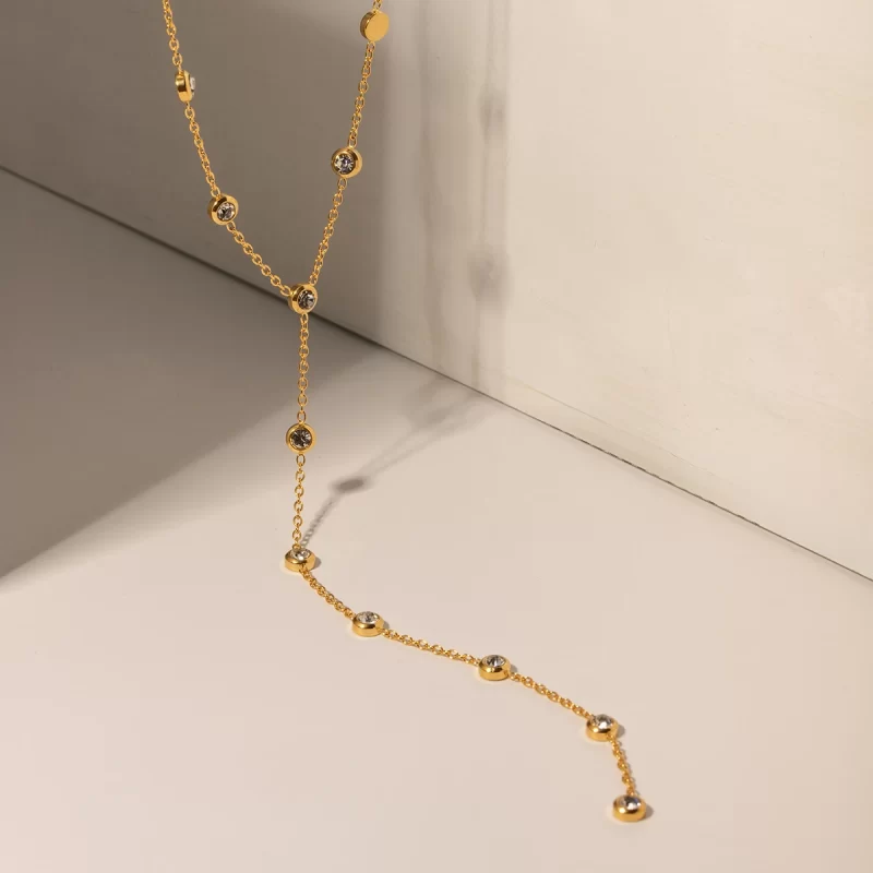 J&D Jewelry Dainty 18K PVD Gold Plated Stainless Steel Cubic Zirconia Long Y Shape Chain Necklace - Image 3