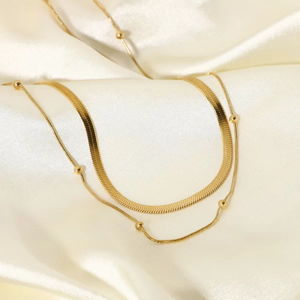 J&D New Stainless Steel 14K Gold Plated Chain Double Layer Round Beads Necklace Fashion Women Jewelry - Image 5