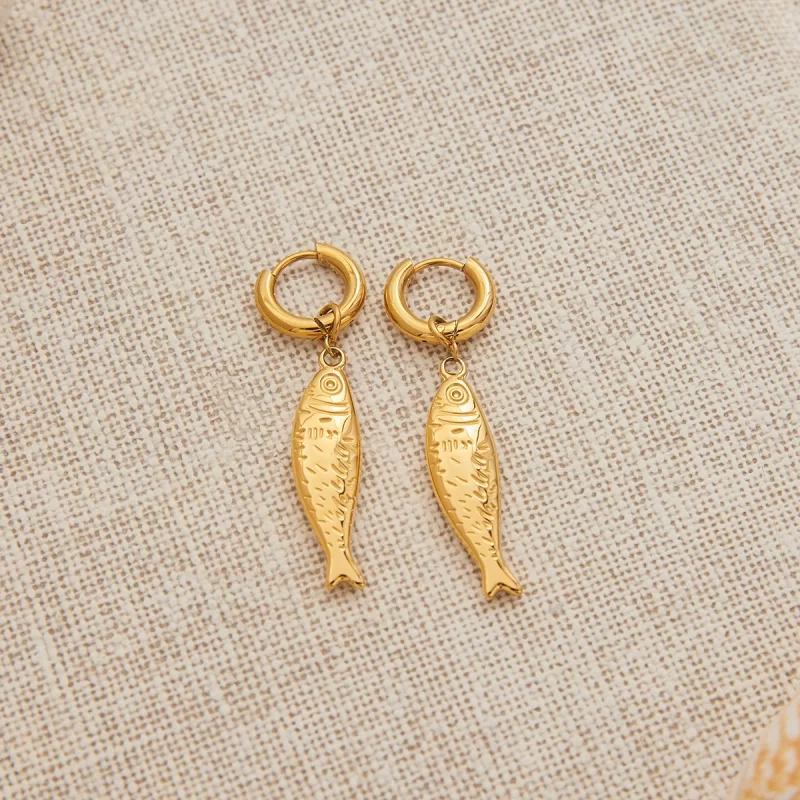 18K Gold Plated Stainless Steel Hoop Earrings Ocean Fish Drop Design Waterproof Geometric Pattern for Holiday Beach - Image 5