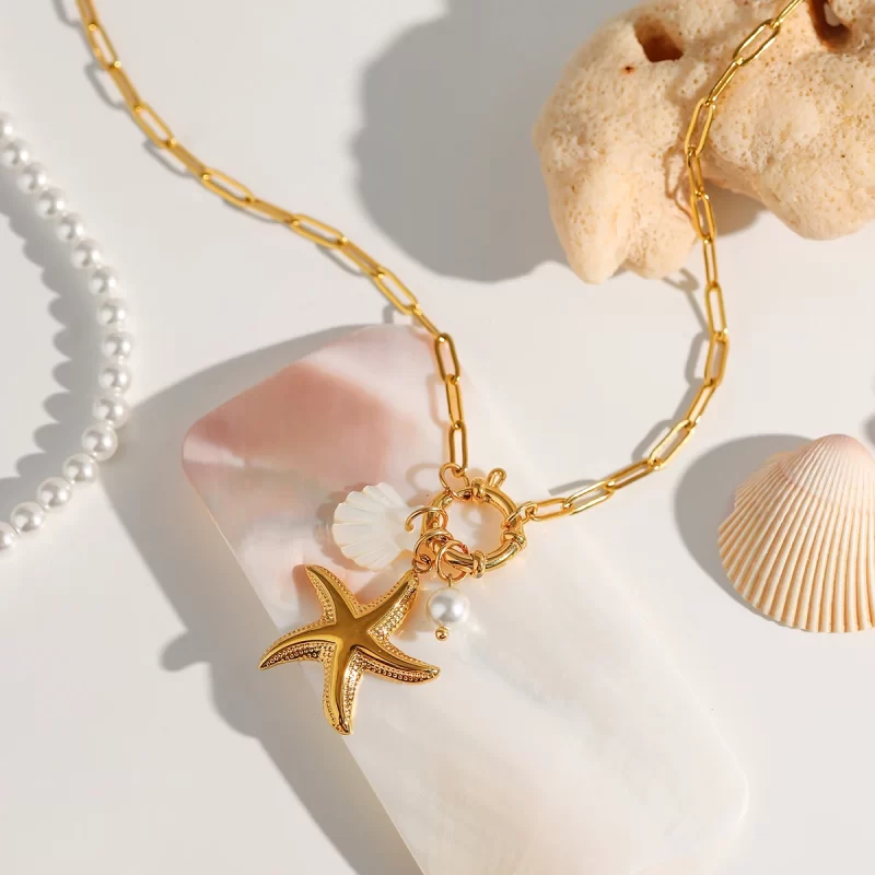 J&D Ocean 18K Real Gold Plated Stainless Steel Necklace with Trendy Starfish Shell Charm DIY Link Chain for Anniversary Vacation - Image 4