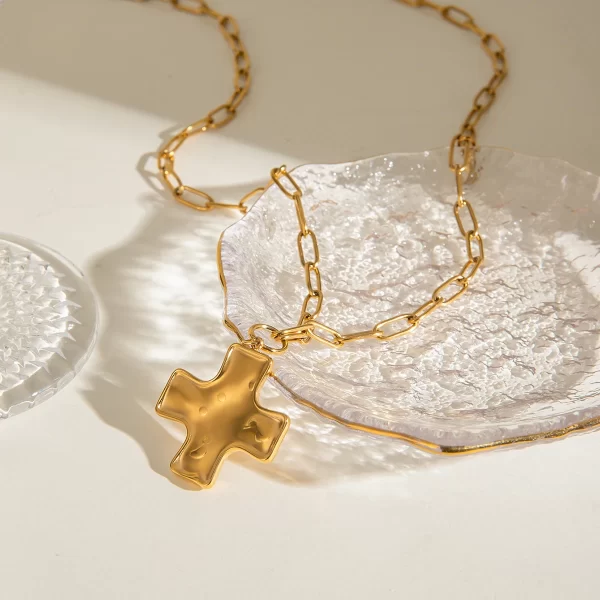 J&D 18k Gold Stainless Steel Jewelry Hammered Cross Pendant Necklace With Adjustable Ring Pearl Beads Chain Type Gold Plated - Image 4