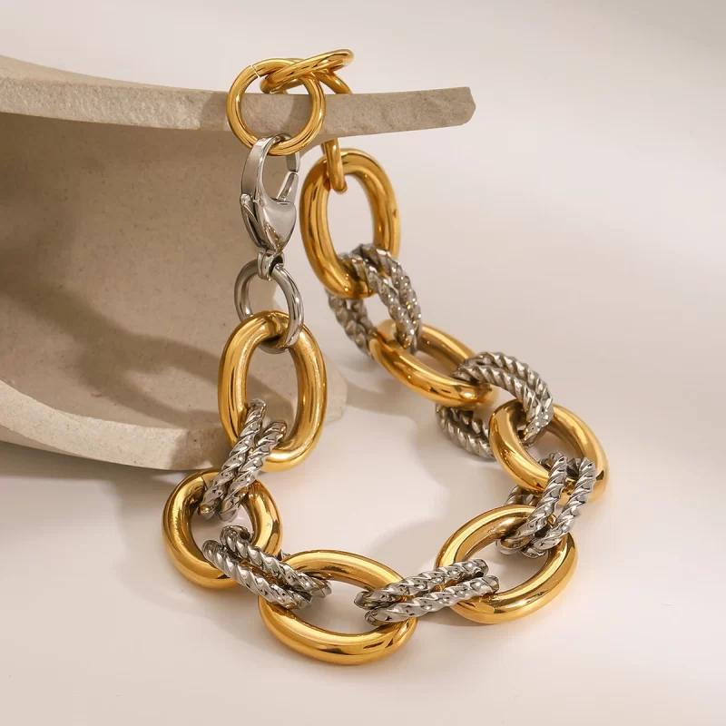 Steel Color Stainless Steel Gold and Silver Color Combination Oval Smooth Twist Bracelet 23cm - Image 5