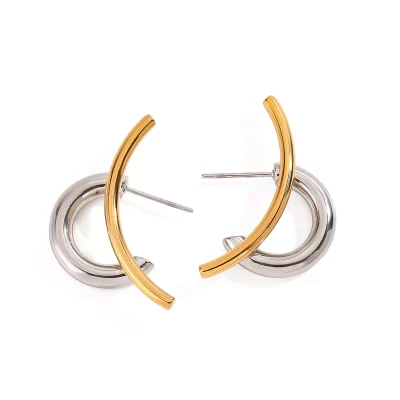 Fashion Modern Minimalist 18K Gold Plated Waterproof Stainless Steel Stud Earrings Two Tone Geometric Liner Design