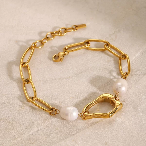 Luxury 18k Gold Stainless Steel Adjustable Bracelets Freshwater Pearl Irregular Pendant Bracelets - Image 3