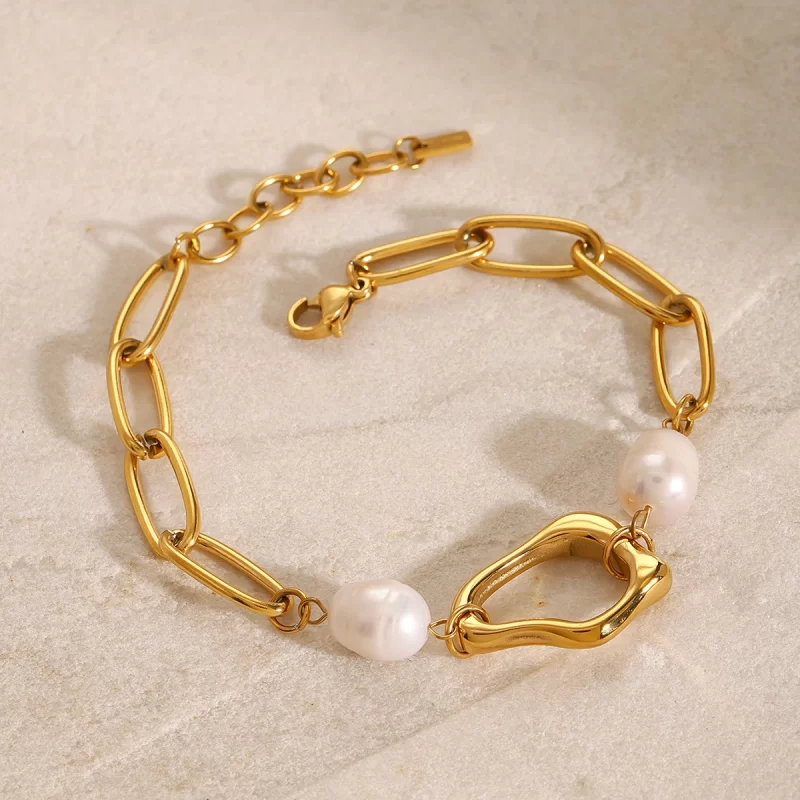 Luxury 18k Gold Stainless Steel Adjustable Bracelets Freshwater Pearl Irregular Pendant Bracelets - Image 3