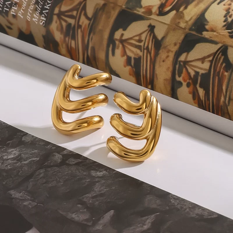 Ladies Modern Minimalist 18K Gold Stainless Steel Irregular Three-Layer Wave Earrings - Image 4