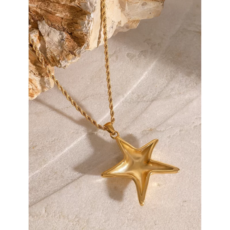 J&D Fashion Jewelry Trendy 18K Gold Stainless Steel Gold Star Charm Thread Twist Necklace - Image 3