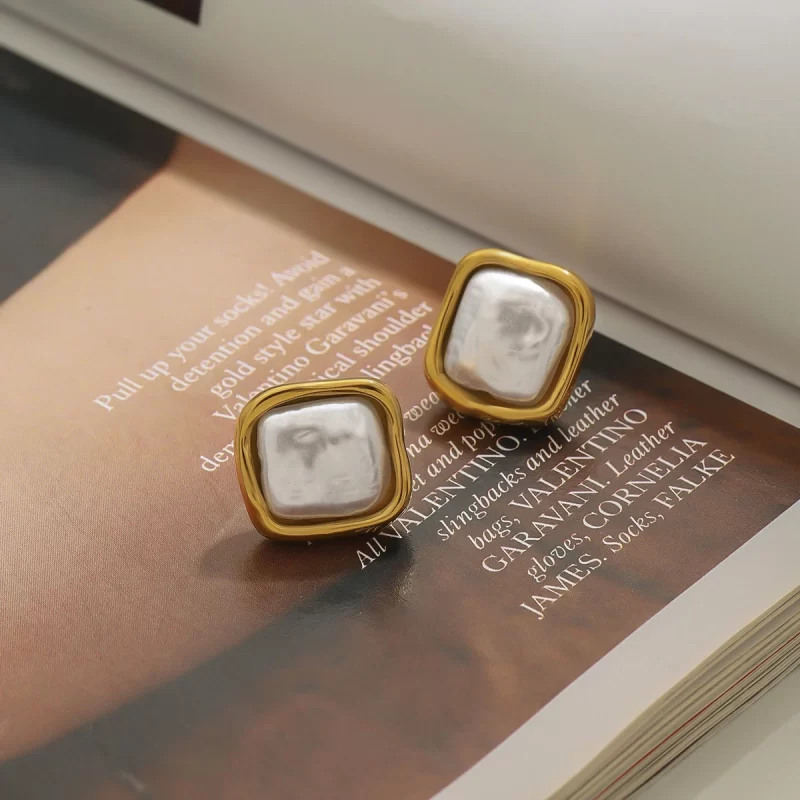 18K Gold Stainless Steel Spring Summer Square Irregular Shape Peal Earring for Women - Image 5