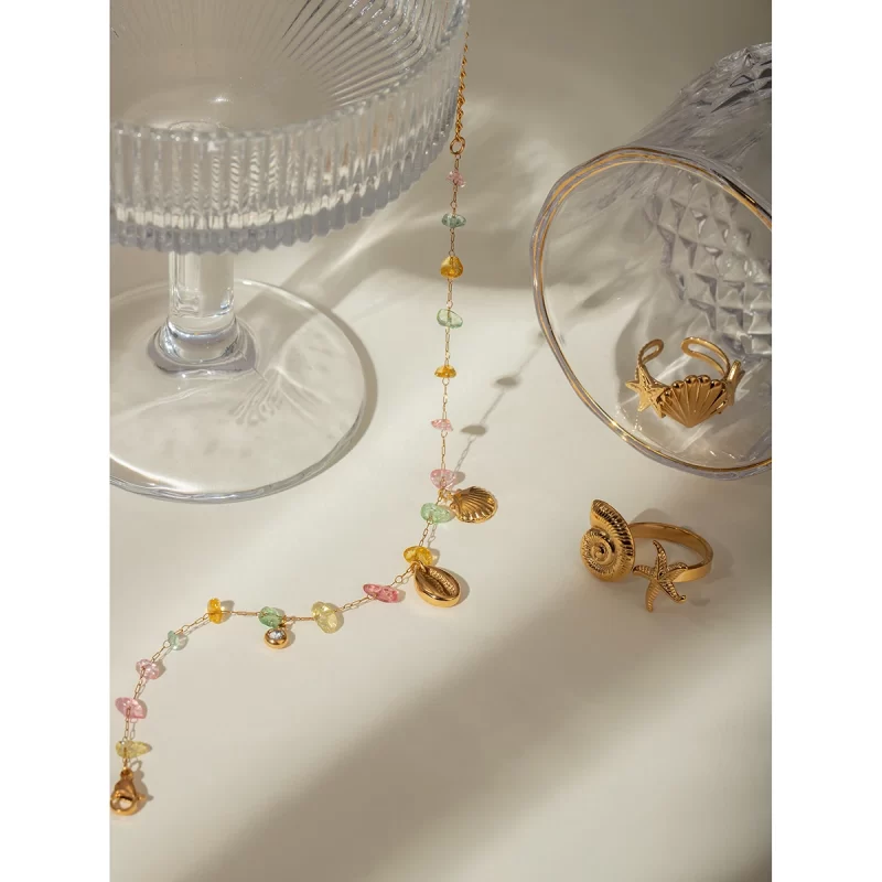 J&D 18K Gold Plated Stainless Steel Crystal Stone Colorful Stone Shell Starfish Crystal Pendant Necklace, 40+5cm - Image 4