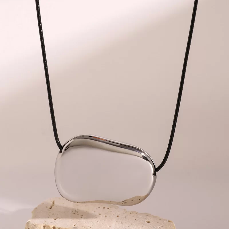 J&D Steel Color Stainless Steel Irregular Large Smooth Pendant Black Cord Necklace Bold Statement 65cm - Image 4