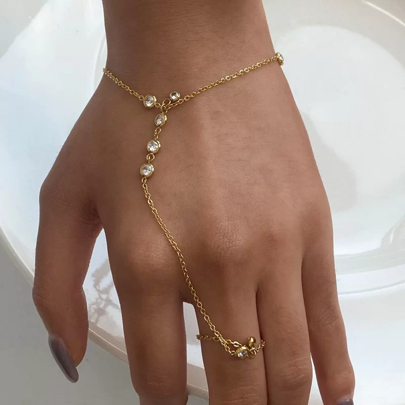 18K Gold Stainless Steel Pearl Finger Chain Minimalist Hand Harness Everyday Layered Arm Art - Image 3