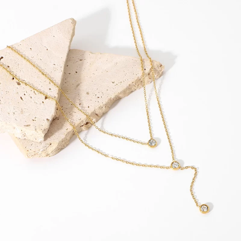 18K Gold Stainless Steel Y Shaped Dainty Chain Double Layer Shiny Cubic Zirconia Lariat Necklaces - Image 3