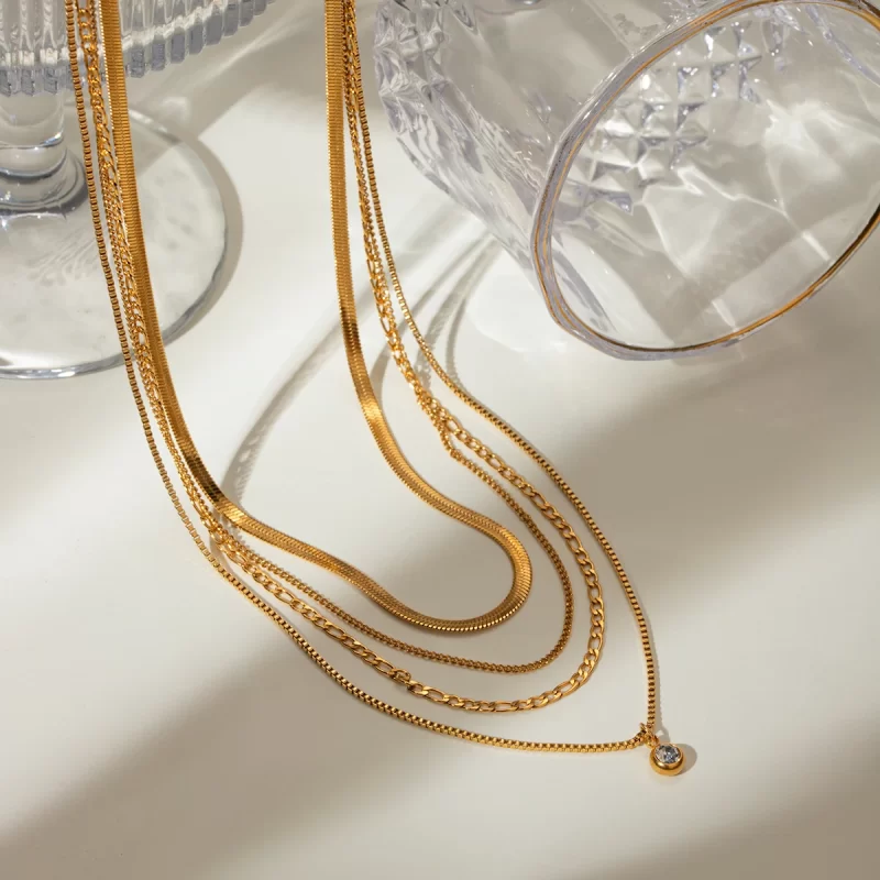 J&D Women Party Jewelry Stainless Steel 18K Gold Plated Necklaces Four Layer Rhinestone Chain Necklaces