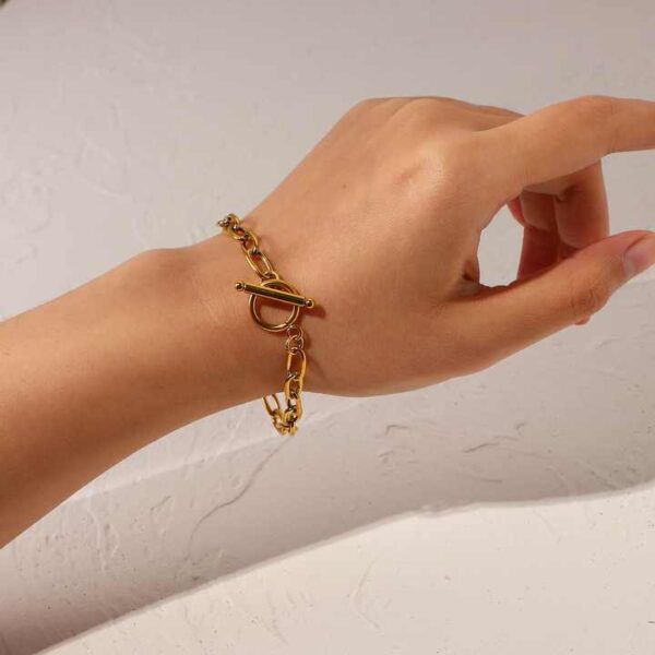 Gold Plated Simple Classic Gold Link Chain Paperclip Ot Toggle Stainless Steel Oval Bracelet - Image 3