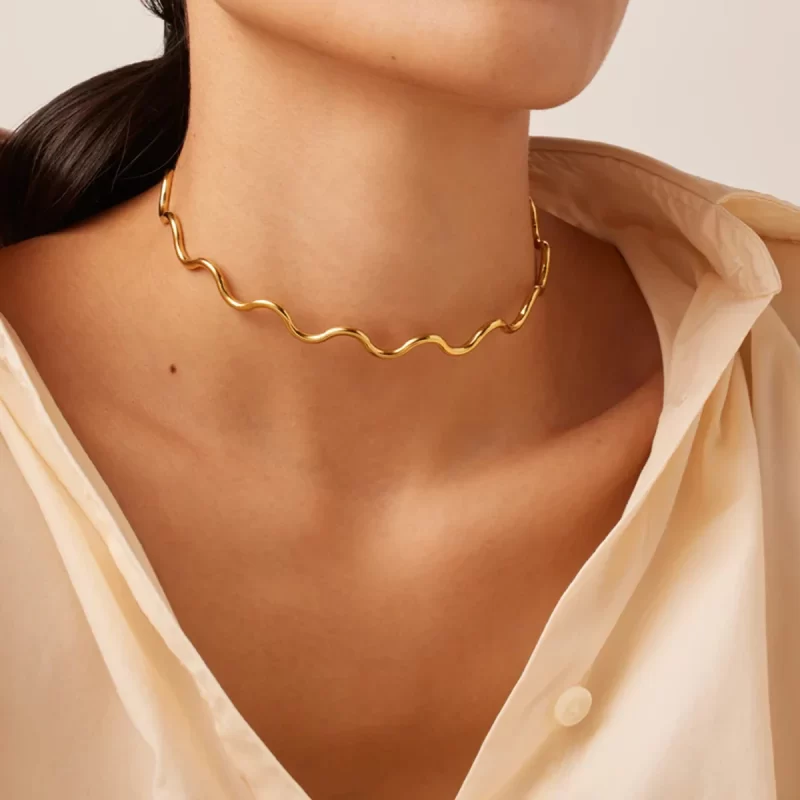 J&D Jewelry Waterproof Stainless Steel Necklace Stacking Irregular Collar Wavy Neck Choker for Girls - Image 3