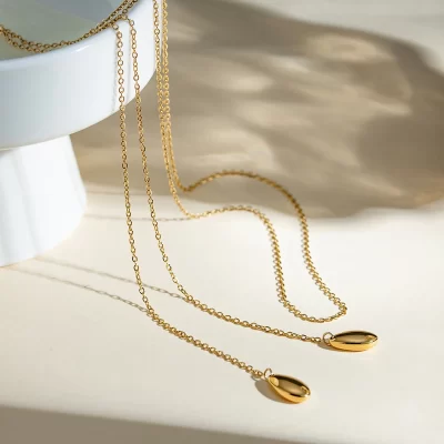 Waterproof Stainless Steel Jewelry Y Necklace Fashion 18K Gold Plated Snake Chain Shell Shape Textured Irregular Pendent