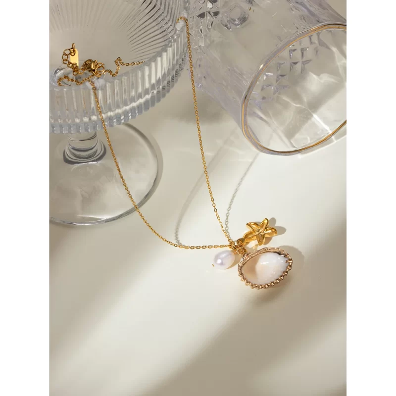 New Trendy Ocean Series 18K PVD Gold Plated Stainless Steel Pearl Starfish Shell Choker Necklace for Women - Image 4