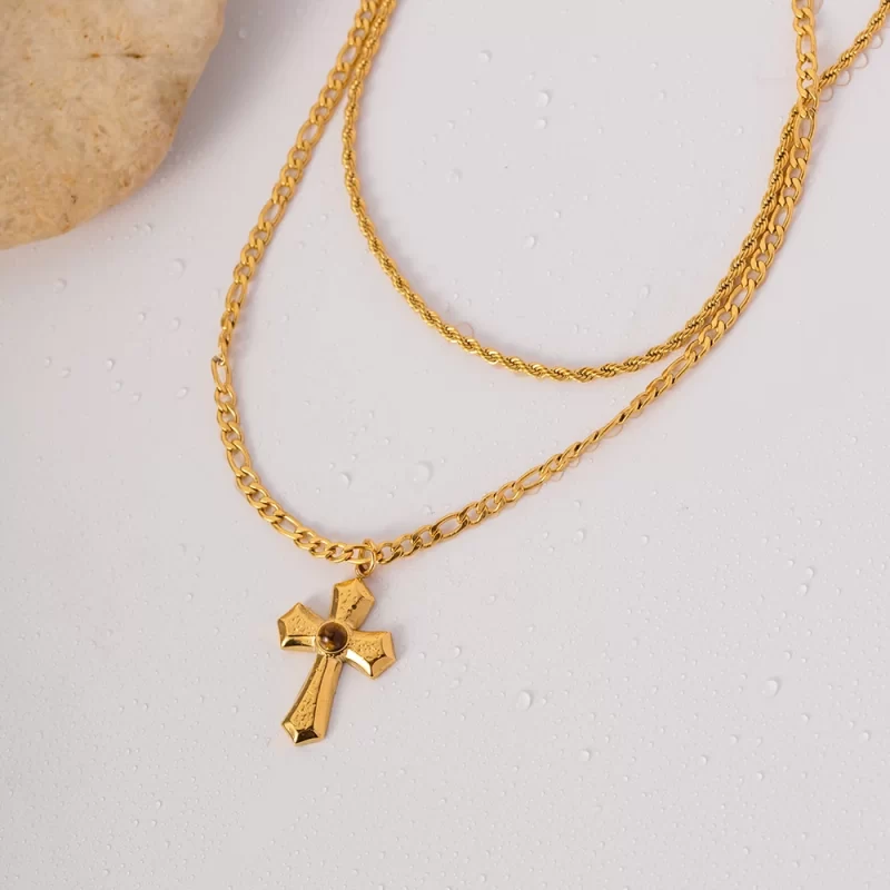 J&D Waterproof 18k Gold Plated Stainless Steel Jewelry Gift Charm Cross Texture Layered Hammer Pendant Necklace for Women - Image 3