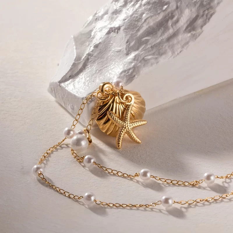 J&D Unique Earrings 18K Gold Plated Stainless Steel Texture Scallop Shell Shape Necklace and Earring Set - Image 2